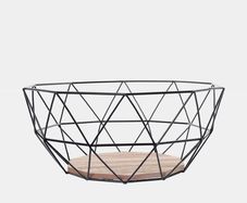 Black Geometric Metal Wire Wooden Base Decorative Storage/ Display Basket Fruit Bowl