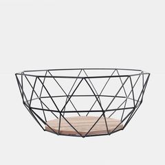Black Geometric Metal Wire Wooden Base Decorative Storage/ Display Basket Fruit Bowl