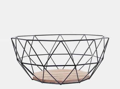 Black Geometric Metal Wire Wooden Base Decorative Storage/ Display Basket Fruit Bowl