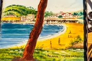 Hand painted tile from Palamos, Playa La Fosca La Fosca beach in Palamos, Costa Brava, Spain. heled in black costirorn holder