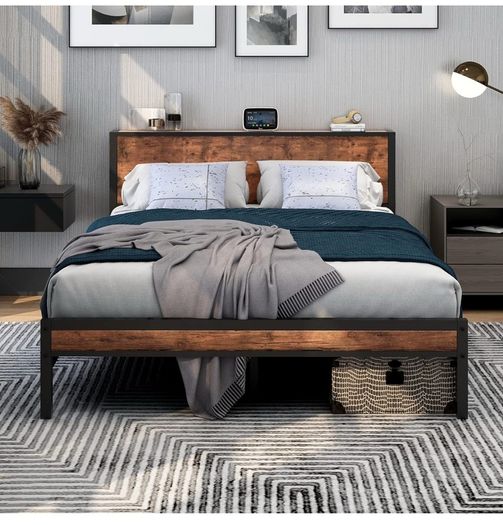 King Size Bed Frame with Storage Wooden Headboard
