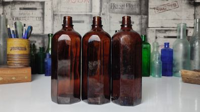 313 - Set of 3 Beautiful Vintage Decorative Collectible Dark Amber Glass Milton Bottles