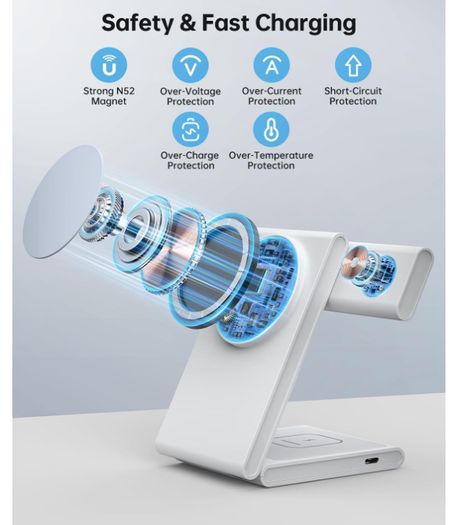 3 in 1 Foldable Magnetic Wireless Charging Station with PD 20W USB-C Adapter, Compatible with MagSafe
