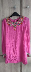 French Connection Silk Pink Beaded Scoop Neck Long Sleeve  Size Label 12