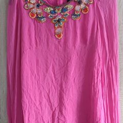 French Connection Silk Pink Beaded Scoop Neck Long Sleeve  Size Label 12