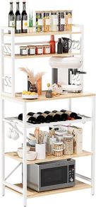 Kitchen Bakers Rack, Microwave Oven Stand with Storage Shelves, Industrial Coffee Bar Station, with Adjustable Wine Holders and 12 S Hooks, Metal Frame, Natural  White, 58 / 39 / 144CM