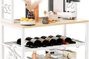 Kitchen Bakers Rack, Microwave Oven Stand with Storage Shelves, Industrial Coffee Bar Station, with Adjustable Wine Holders and 12 S Hooks, Metal Frame, Natural  White, 58 / 39 / 144CM