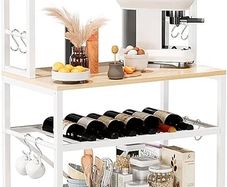 Kitchen Bakers Rack, Microwave Oven Stand with Storage Shelves, Industrial Coffee Bar Station, with Adjustable Wine Holders and 12 S Hooks, Metal Frame, Natural  White, 58 / 39 / 144CM