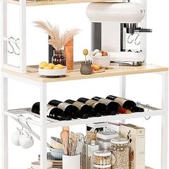 Kitchen Bakers Rack, Microwave Oven Stand with Storage Shelves, Industrial Coffee Bar Station, with Adjustable Wine Holders and 12 S Hooks, Metal Frame, Natural  White, 58 / 39 / 144CM