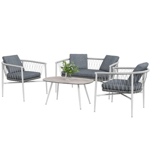 Patio Furniture Set, 4 Pieces, Rocking Function, Seat Cushions, Poly Rattan, Metal Frame, Gray