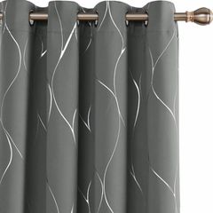 Blackout Curtains, Thermal Insulated Curtains, Wave Line Foil Printed Ring Top Curtains (MULTIPLE SIZES/COLOURS)