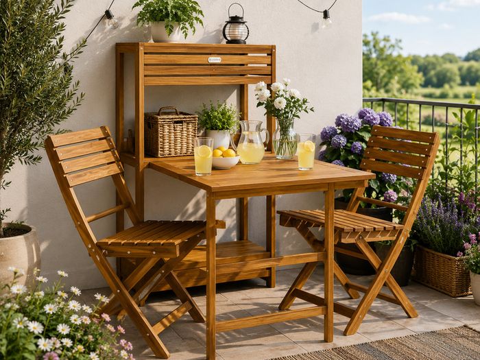 Table and chairs  set  2 shelves Weatherproof Foldable Wooden FSC Certified 160kg Load Capacity 94x61x117cm Garden Balcony Terrace 3 Piece Balcony Furniture