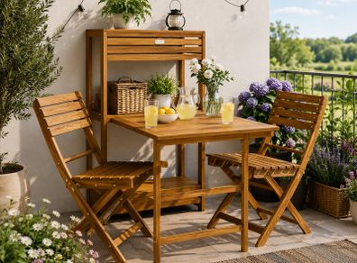 Table and chairs  set  2 shelves Weatherproof Foldable Wooden FSC Certified 160kg Load Capacity 94x61x117cm Garden Balcony Terrace 3 Piece Balcony Furniture