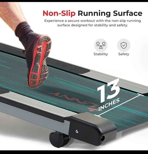 Manual Compact foldable treadmill with transportation wheels for easy portability.   Folded dimension: 20Lx23Wx50h in.