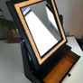 ..PRICE DROP.. Tabletop Mirror with Drawer, Black and Gold Rattan Detail Image 6