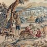 Vintage Hunting Scene Tapestry with Iron Rail Image 2