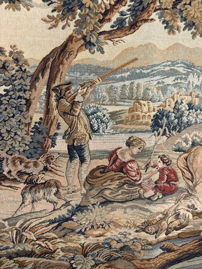 Vintage Hunting Scene Tapestry with Iron Rail
