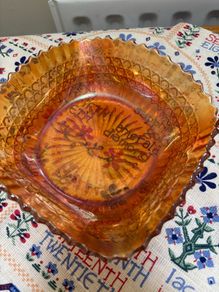 A bundle of vintage - retro pieces, Carnival Glass , Anchor Hocking Fire King, Large Ribbed Glass Butter Dish, Citrus Juicer, Three Footed Glass Sugar Bowl and Jug