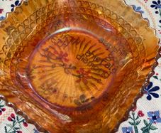 A bundle of vintage - retro pieces, Carnival Glass , Anchor Hocking Fire King, Large Ribbed Glass Butter Dish, Citrus Juicer, Three Footed Glass Sugar Bowl and Jug