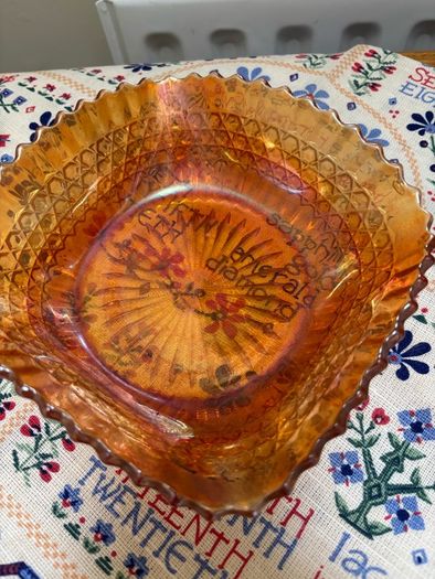 A bundle of vintage - retro pieces, Carnival Glass , Anchor Hocking Fire King, Large Ribbed Glass Butter Dish, Citrus Juicer, Three Footed Glass Sugar Bowl and Jug