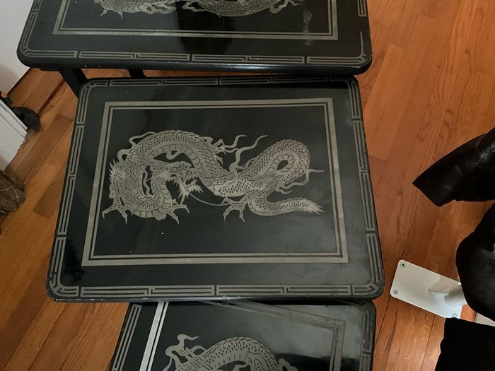 Vintage Oriental Set of 4 Black Lacquered Nest of Tables