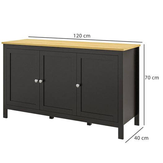 Sideboard storage cabinet with 3 doors, 2 adjustable shelves, light wood-effect top 120 x 40 x 70 cm black