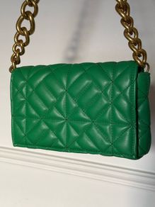 Zara Green Quilted Shoulder Bag with Gold Large Chain