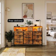 Chest of Drawers Bedroom, Dresser Cabinet with 2 Sockets, 2 USB Ports and 10 Colored LED Strips