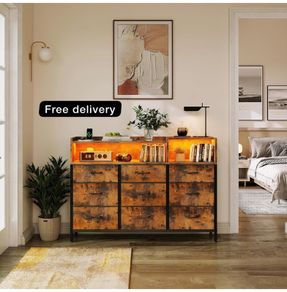 Chest of Drawers Bedroom, Dresser Cabinet with 2 Sockets, 2 USB Ports and 10 Colored LED Strips
