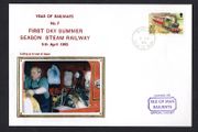 1993 Isle of Man Cover showing Year of Railways No 7 first Day Summer Season Steam Railway tying 20p definitive stamp