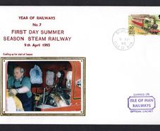 1993 Isle of Man Cover showing Year of Railways No 7 first Day Summer Season Steam Railway tying 20p definitive stamp