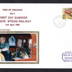 1993 Isle of Man Cover showing Year of Railways No 7 first Day Summer Season Steam Railway tying 20p definitive stamp