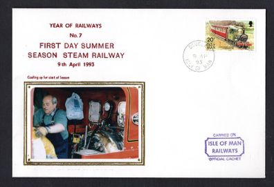 1993 Isle of Man Cover showing Year of Railways No 7 first Day Summer Season Steam Railway tying 20p definitive stamp