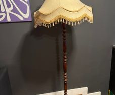 Vintage wooden standard lamp, fringe lampshade