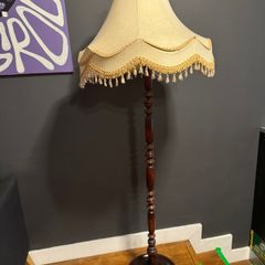Vintage wooden standard lamp, fringe lampshade