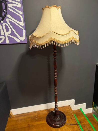 Vintage wooden standard lamp, fringe lampshade