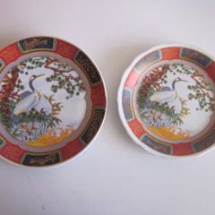 Two Asian Plates Decorated Stork Birds/ Water/ Trees approx 7inch and 6inch