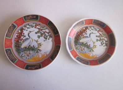 Two Asian Plates Decorated Stork Birds/ Water/ Trees approx 7inch and 6inch