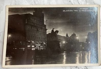 Vintage postcard Croatia, Zagreb at night, posted 1935. Former Yugoslavia