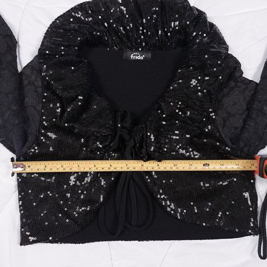 Miss Frida Black Y2K Goth Sequined Sparkly Lace Sleeve Cropped Bolero Shrug Cardigan Size S