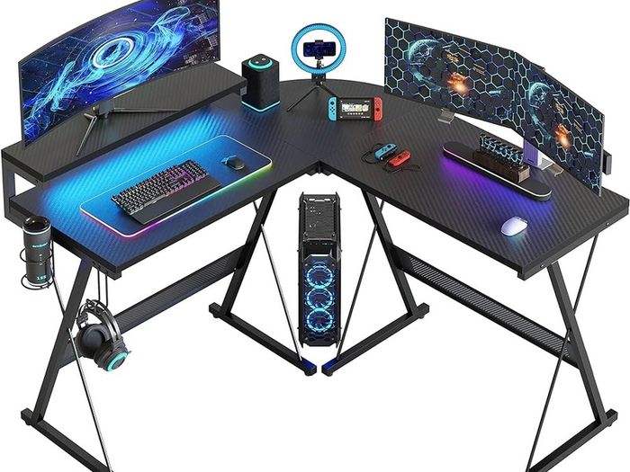 L Shaped Gaming Desk Computer Desk with LED Lights Monitor Stand 130CM Corner Desk with Cup Holder Headset Hook Ergonomic for Home Office Small Space