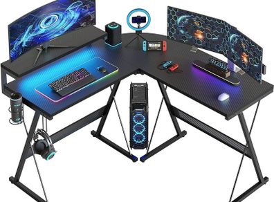 L Shaped Gaming Desk Computer Desk with LED Lights Monitor Stand 130CM Corner Desk with Cup Holder Headset Hook Ergonomic for Home Office Small Space