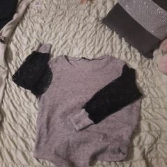 lovely grey knit jumper with black lace sleeves