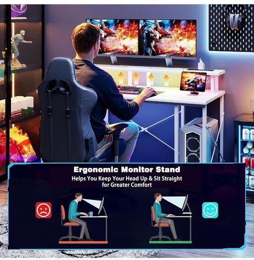 120x50cm Gaming Desk with LED Lights & Power Outlets,White Storage Shelves, Dual Monitor Stand, Home Office & Study, Work from Home, Bedroom, Small Spaces, Dorm, Space-Saving, Students