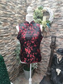 Black and Red silk Sleeveless Oriental Top Small