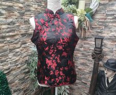 Black and Red silk Sleeveless Oriental Top Small