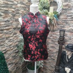 Black and Red silk Sleeveless Oriental Top Small