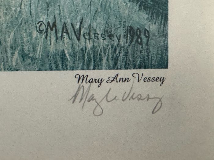 Pair of Hand-Signed Mary Ann Vessey Framed Folk Art Prints (Ulster-Scots & Winter Farm)