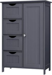 Bathroom Floor Storage Cabinet, Wooden Storage Unit with 4 Drawers, Single Door, Adjustable Shelf, for Living Room, Kitchen, Entryway, Grey LHC41GY