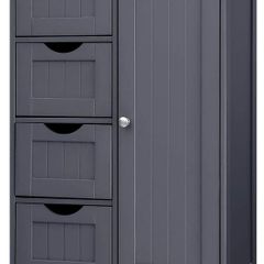 Bathroom Floor Storage Cabinet, Wooden Storage Unit with 4 Drawers, Single Door, Adjustable Shelf, for Living Room, Kitchen, Entryway, Grey LHC41GY